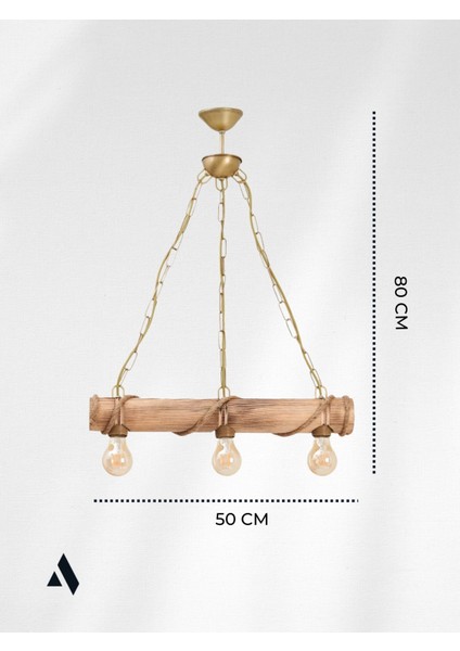 Corda Rustik Çiftlik Tarzı 3'lü Avize – Halat Sargılı Ahşap Gövde, Zincir Askılı