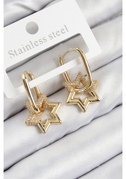 Tegan Pirinç Zirkon Taşlı Yıldız Model Gold Renk Kadın Küpe TG27BKP11066
