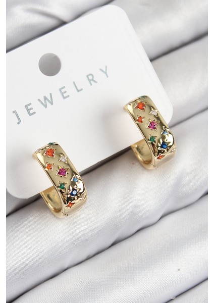 Tegan Pirinç Zirkon Taşlı Yıldız Desen Model Gold Renk Kadın Küpe TG27BKP11070