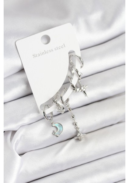 Tegan Pirinç Gümüş Renk Ay Model Kadın Set Küpe TG27BKP11220