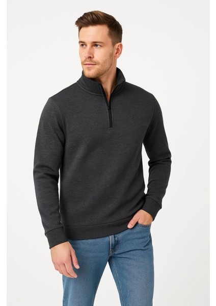 Erkek Dik Yaka Sweatshirt Dik Yaka Yarım Fermuarlı 3 Iplik Şardonlu Pamuk Kumaş - Antrasit fiyatları