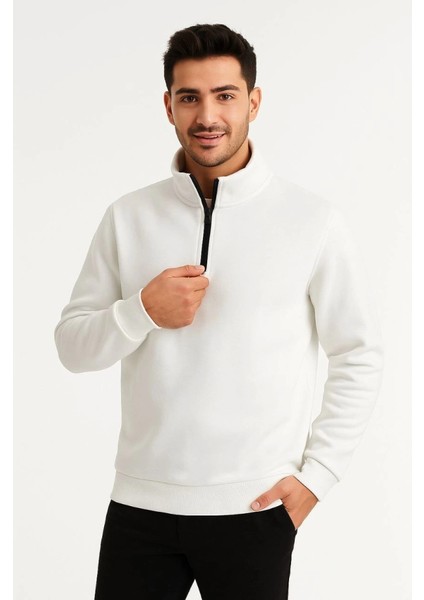 Erkek Dik Yaka Sweatshirt Dik Yaka Yarım Fermuarlı 3 Iplik Şardonlu Pamuk Kumaş - Beyaz fiyatları