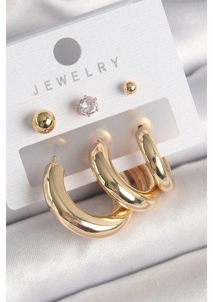 Tegan Pirinç Gold Renk Halka Model Zirkon Taşlı Topçuk Detay Kadın Küpe TG27BKP10306