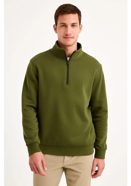 Erkek Dik Yaka Sweatshirt Dik Yaka Yarım Fermuarlı 3 Iplik Şardonlu Pamuk Kumaş - Haki