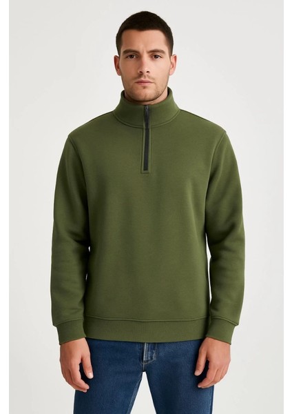 Erkek Dik Yaka Sweatshirt Dik Yaka Yarım Fermuarlı 3 Iplik Şardonlu Pamuk Kumaş - Haki fiyatları