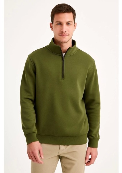 Erkek Dik Yaka Sweatshirt Dik Yaka Yarım Fermuarlı 3 Iplik Şardonlu Pamuk Kumaş - Haki fırsatları