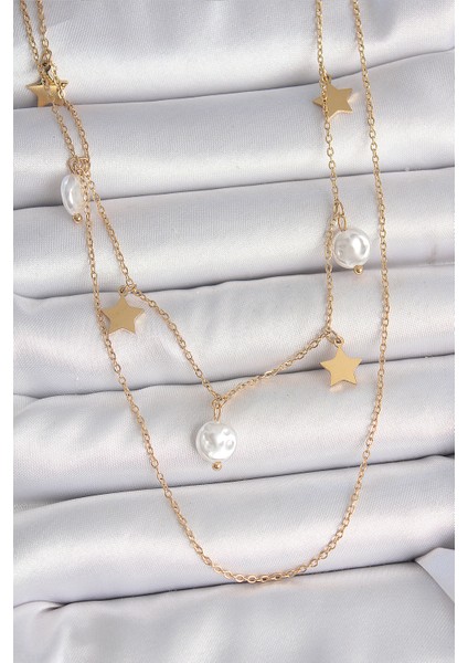 Tegan 316L Çelik Gold Renk 2'li Zincir Sallantı Yıldız Inci Model Kadın Kolye TG27BKO10110