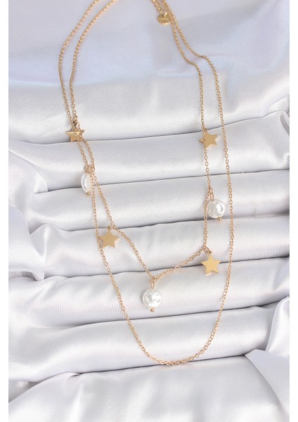 Tegan 316L Çelik Gold Renk 2'li Zincir Sallantı Yıldız Inci Model Kadın Kolye TG27BKO10110 fiyatları