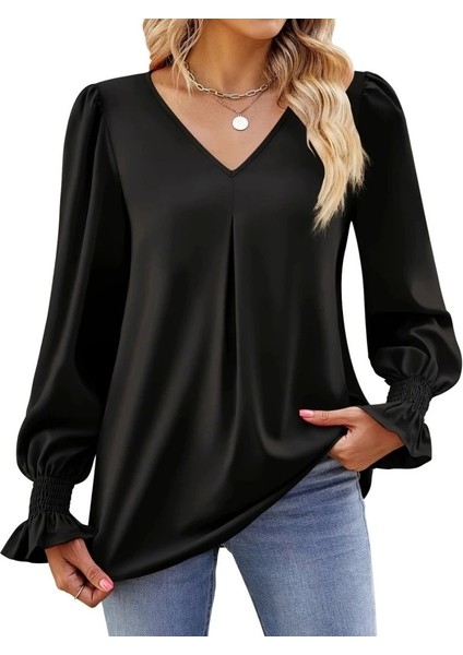 Kadın Uzun Kollu V Yakalı Salaş Ithal Krep Bluz indirimleri