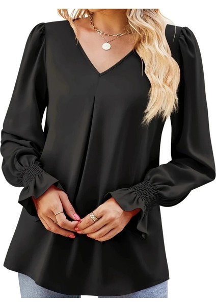 Kadın Uzun Kollu V Yakalı Salaş Ithal Krep Bluz