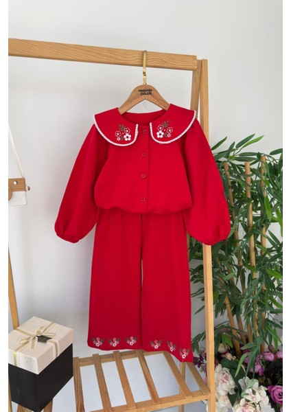 Yaka Nakış Detaylı Kız Çocuk Uzun Gömlekli takım - Kırmızı