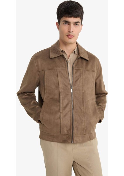 Regular Fit Gömlek Yaka Fermuarlı İç Cepli Süet Mont E8900AX25AU