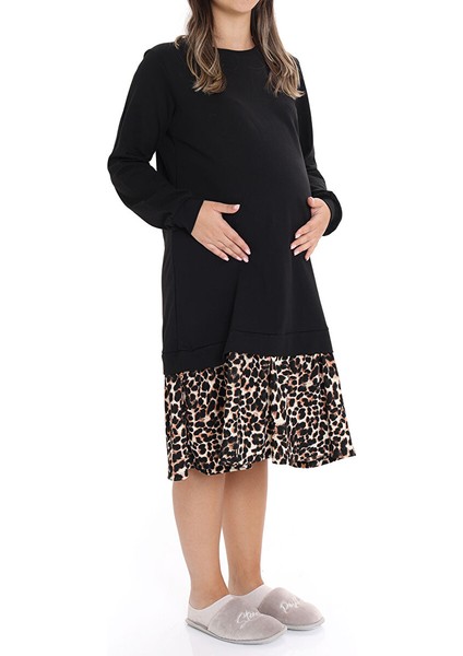 Anne Hamile Elbise Bisiklet Yaka Uzun Kol Reçme Paça