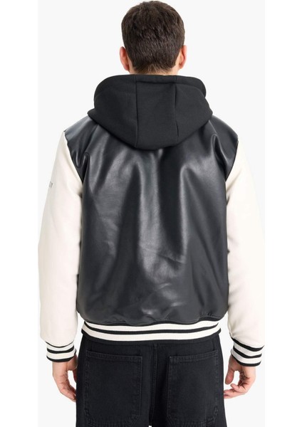 Su İtici Regular Fit Kolej Yaka Kapüşonlu İç Cepli Nakışlı Cepli Suni Deri Bomber Ceket Mont E9972AX25AU