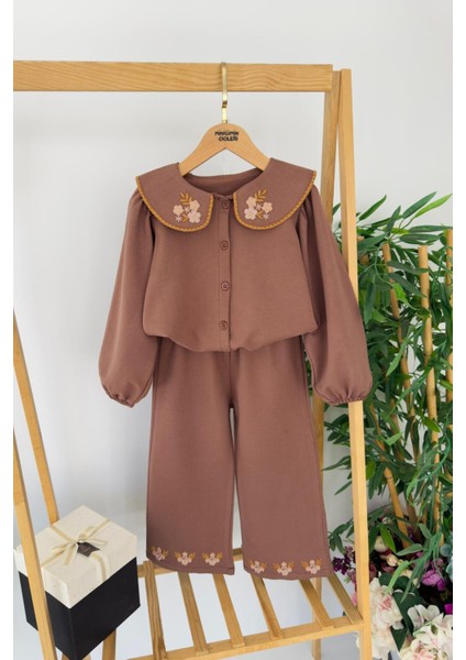Yaka Nakış Detaylı Kız Çocuk Uzun Gömlekli takım - Kahve