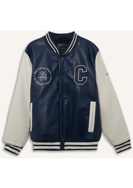 Su İtici Regular Fit Kolej Yaka Kapüşonlu İç Cepli Nakışlı Cepli Suni Deri Bomber Ceket Mont E9972AX25AU