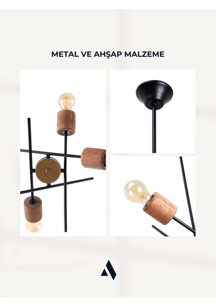 Astrex Rustik Salon Avizesi – 4 Başlıklı, Ahşap Detaylı Endüstriyel Lamba fırsatları