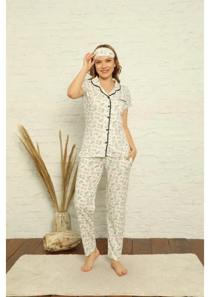 Moda Kadın %100 Pamuk Önden Düğmeli Kısa Kol Pijama Takım Ekru fiyatları