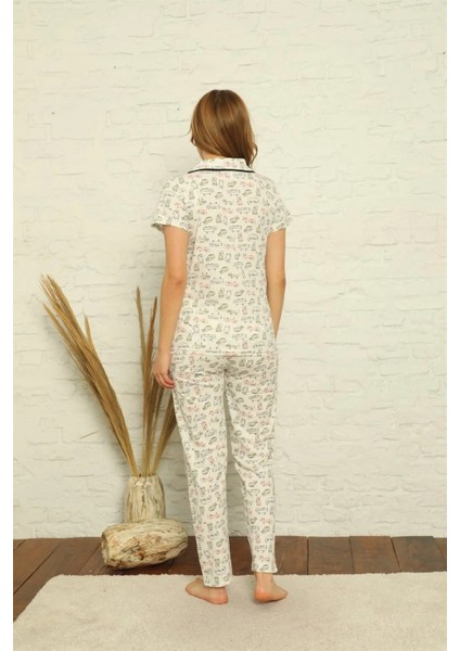 Moda Kadın %100 Pamuk Önden Düğmeli Kısa Kol Pijama Takım Ekru modelleri