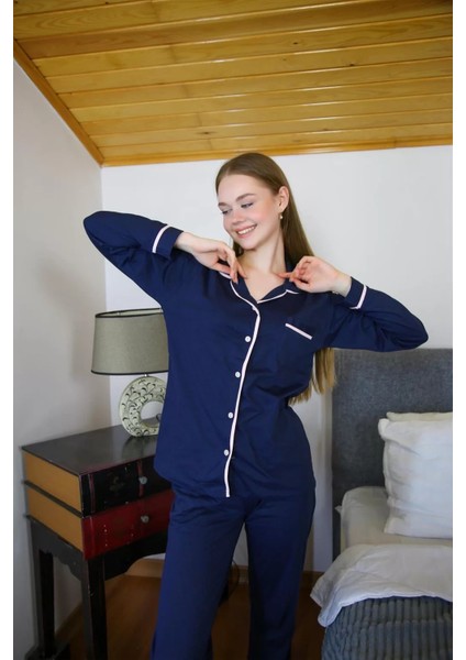 Moda Kadın %100 Pamuk Penye Önden Düğmeli Uzun Kol Pijama Takım Lacivert fırsatları