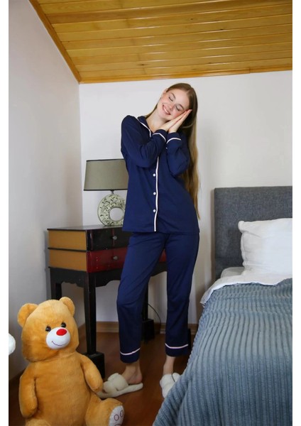Moda Kadın %100 Pamuk Penye Önden Düğmeli Uzun Kol Pijama Takım Lacivert indirimleri
