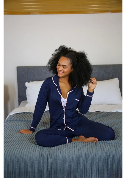 Moda Kadın %100 Pamuk Penye Önden Düğmeli Uzun Kol Pijama Takım Lacivert