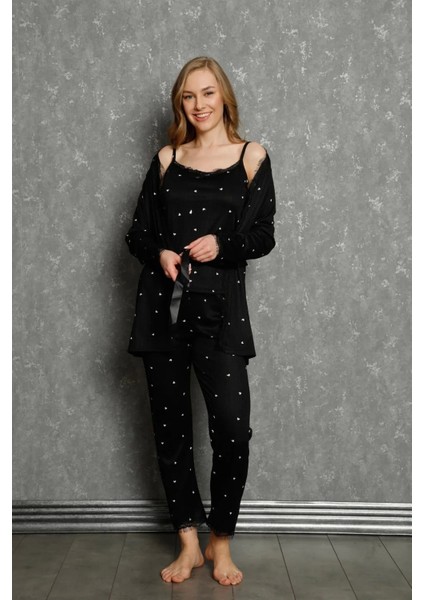 Moda Kadın 3'lü Sabahlık Pijama Takım Siyah
