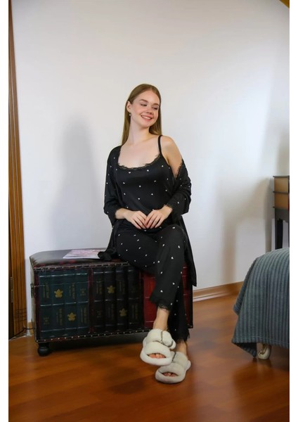 Moda Kadın 3'lü Sabahlık Pijama Takım Siyah modelleri