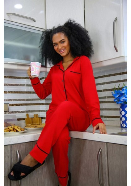 Moda Kadın %100 Pamuk Penye Önden Düğmeli Uzun Kol Pijama Takım Kırmızı