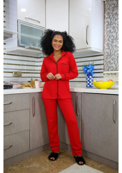Moda Kadın %100 Pamuk Penye Önden Düğmeli Uzun Kol Pijama Takım Kırmızı