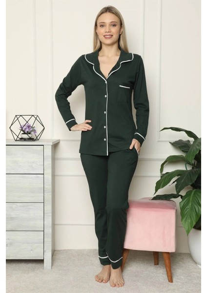 Moda Kadın %100 Pamuk Penye Önden Düğmeli Uzun Kol Pijama Takım Yeşil