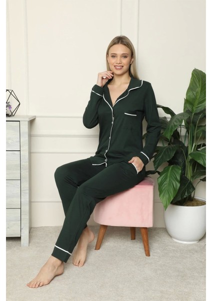 Moda Kadın %100 Pamuk Penye Önden Düğmeli Uzun Kol Pijama Takım Yeşil modelleri