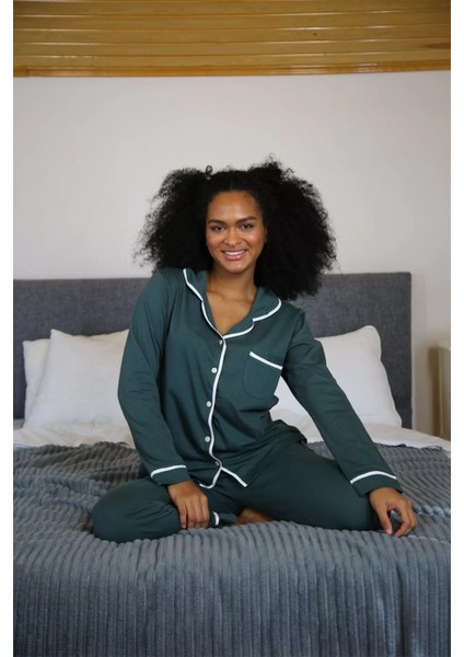 Moda Kadın %100 Pamuk Penye Önden Düğmeli Uzun Kol Pijama Takım Yeşil indirimleri