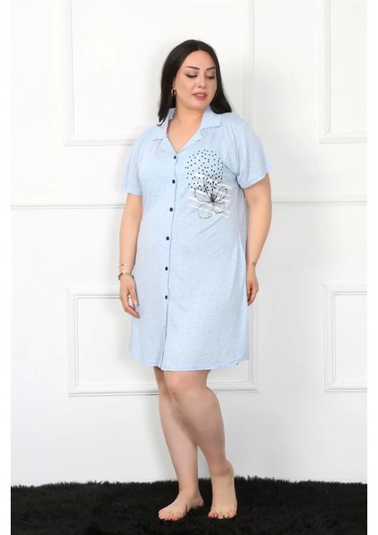 Moda Büyük Beden Penye Düğmeli Mavi Tunik Gecelik