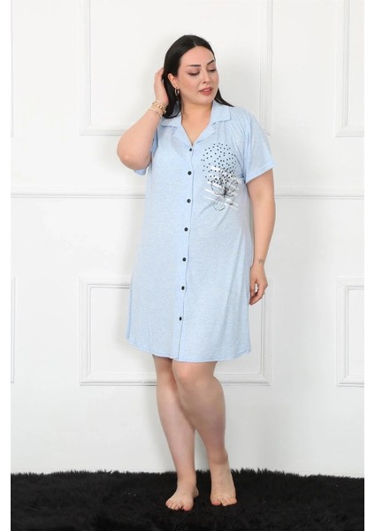 Moda Büyük Beden Penye Düğmeli Mavi Tunik Gecelik fiyatları