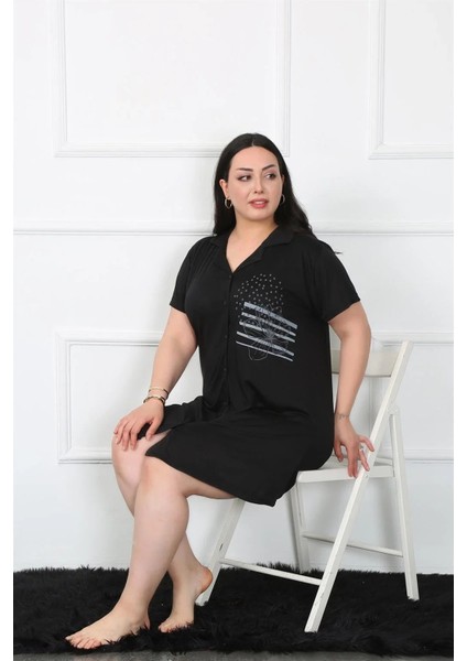 Moda Büyük Beden Penye Düğmeli Siyah Tunik Gecelik fiyatları