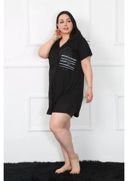 Moda Büyük Beden Penye Düğmeli Siyah Tunik Gecelik modelleri