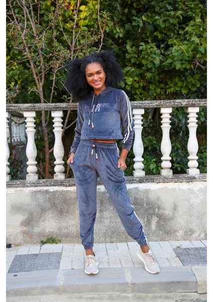 Moda Kadın Kadife Kapşonlu Eşofman Takım Gri