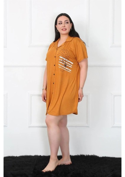 Moda Büyük Beden Penye Düğmeli Hardal Tunik Gecelik fiyatları