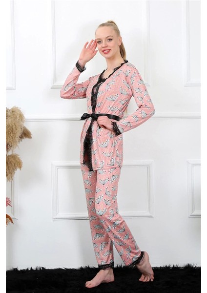 Moda Kadın 3'lü Somon Sabahlık Pijama Takım modelleri