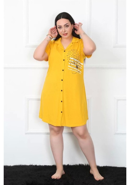 Moda Büyük Beden Penye Düğmeli Sarı Tunik Gecelik