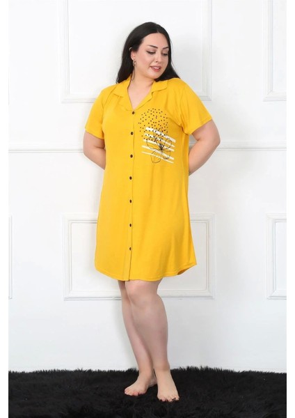 Moda Büyük Beden Penye Düğmeli Sarı Tunik Gecelik modelleri