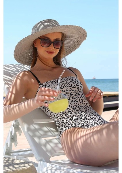 Moda Kadın Ip Askılı Leopar Desenli Straplez Mayo Beyaz modelleri