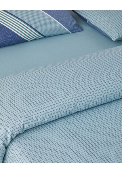 Parallel Patch Kolay Ütülenir Çift Kişilik Nevresim Takımı 200X220 cm Koyu Mavi-Seledon