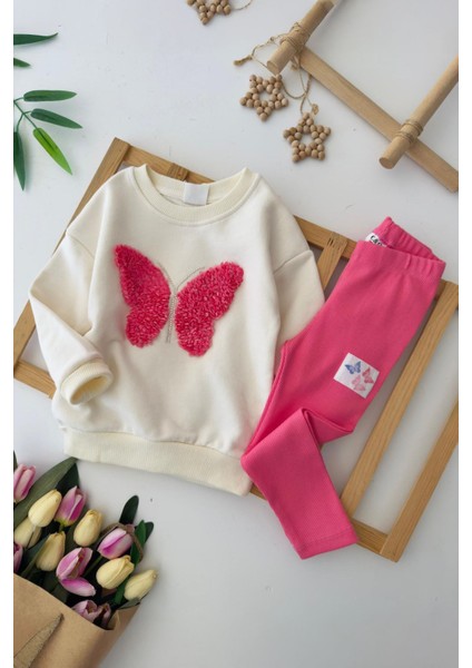 Kelebek Tül Detaylı Renkli Taytlı Kız çocuk takım - Pembe