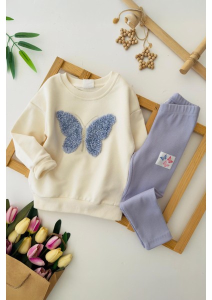 Kelebek Tül Detaylı Renkli Taytlı Kız çocuk takım - Lila