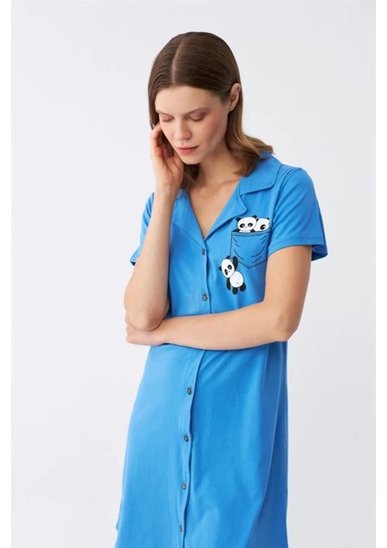 Moda Kadın Pamuk Penye Kısa Kol Düğmeli Mavi Tunik Gecelik indirimleri