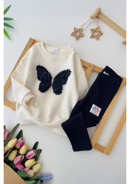 Kelebek Tül Detaylı Renkli Taytlı Kız çocuk takım - Lacivert