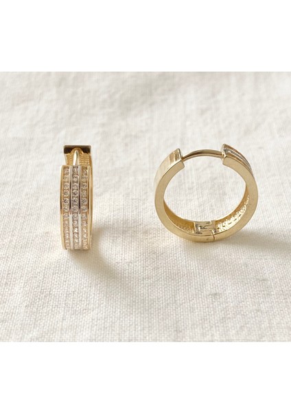 Üç Sıra Taşlı Halka Altın Küpe