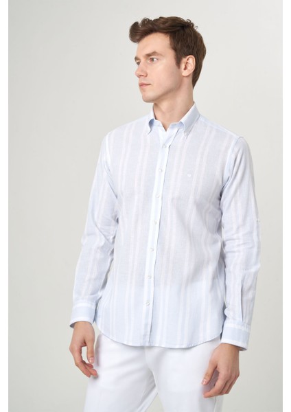 Regular Fit Mavi Çizgili Keten Karışımlı Spor Erkek Gömlek GM22Y221131_C35